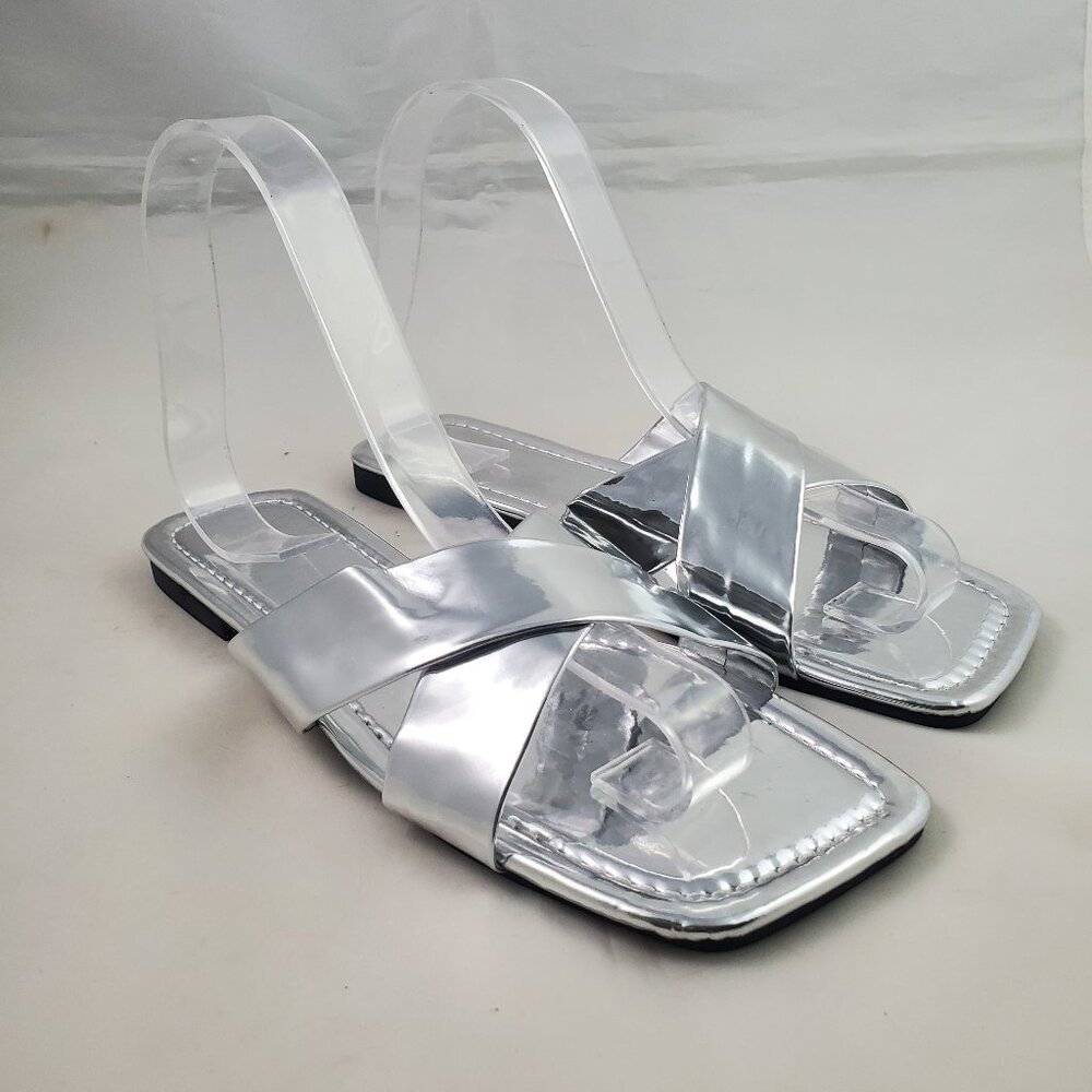 Women's Slip On Sandals Metallic Silver 7 Slides Casual